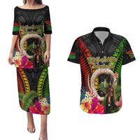 Vanuatu Independence Day Couples Matching Puletasi and Hawaiian Shirt Boars Tusk and Melanesian Warrior Indipendens Dei LT03 Black - Polynesian Pride