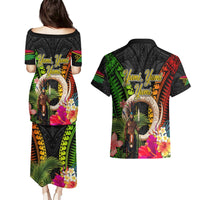 Vanuatu Independence Day Couples Matching Puletasi and Hawaiian Shirt Boars Tusk and Melanesian Warrior Indipendens Dei LT03 - Polynesian Pride
