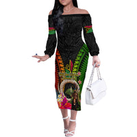Vanuatu Independence Day Family Matching Off The Shoulder Long Sleeve Dress and Hawaiian Shirt Boars Tusk and Melanesian Warrior Indipendens Dei