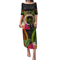 Vanuatu Independence Day Puletasi Boars Tusk and Melanesian Warrior Indipendens Dei LT03 Long Dress Black - Polynesian Pride