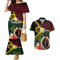 Vanuatu Indipendens Dei Couples Matching Mermaid Dress and Hawaiian Shirt Boars Tusk and Melanesian Warrior Hibiscus LT03 Black - Polynesian Pride