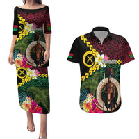 Vanuatu Indipendens Dei Couples Matching Puletasi and Hawaiian Shirt Boars Tusk and Melanesian Warrior Hibiscus LT03 Black - Polynesian Pride
