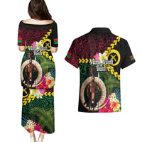 Vanuatu Indipendens Dei Couples Matching Puletasi and Hawaiian Shirt Boars Tusk and Melanesian Warrior Hibiscus LT03 - Polynesian Pride