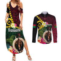 Vanuatu Indipendens Dei Couples Matching Summer Maxi Dress and Long Sleeve Button Shirt Boars Tusk and Melanesian Warrior Hibiscus LT03 Black - Polynesian Pride