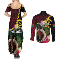 Vanuatu Indipendens Dei Couples Matching Summer Maxi Dress and Long Sleeve Button Shirt Boars Tusk and Melanesian Warrior Hibiscus LT03 - Polynesian Pride