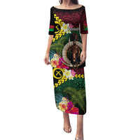 Vanuatu Indipendens Dei Puletasi Boars Tusk and Melanesian Warrior Hibiscus LT03 Long Dress Black - Polynesian Pride
