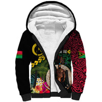Vanuatu Indipendens Dei Sherpa Hoodie Boars Tusk and Melanesian Warrior Hibiscus LT03 Unisex Black - Polynesian Pride