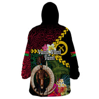 Vanuatu Indipendens Dei Wearable Blanket Hoodie Boars Tusk and Melanesian Warrior Hibiscus