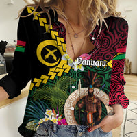 Vanuatu Indipendens Dei Women Casual Shirt Boars Tusk and Melanesian Warrior Hibiscus