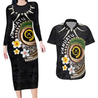 Vanuatu Independence Day Couples Matching Long Sleeve Bodycon Dress and Hawaiian Shirt Melanesian Tribal Pig Tusk with Tropical Plants