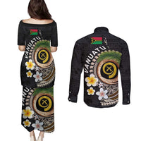 Vanuatu Independence Day Couples Matching Puletasi and Long Sleeve Button Shirt Melanesian Tribal Pig Tusk with Tropical Plants