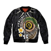 Vanuatu Independence Day Sleeve Zip Bomber Jacket Melanesian Tribal Pig Tusk with Tropical Plants