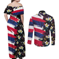 Hawaiian Flag Day Couples Matching Off Shoulder Maxi Dress and Long Sleeve Button Shirt Tropical Flowers and Leaves
