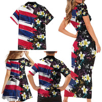 Hawaiian Flag Day Family Matching Short Sleeve Bodycon Dress and Hawaiian Shirt Tropical Flowers and Leaves