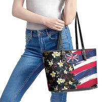 Hawaiian Flag Day Leather Tote Bag Tropical Flowers and Leaves