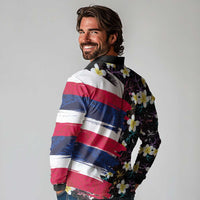 Hawaiian Flag Day Long Sleeve Polo Shirt Tropical Flowers and Leaves