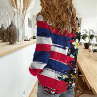 Hawaiian Flag Day Women Casual Shirt Tropical Flowers and Leaves