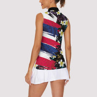 Hawaiian Flag Day Women Sleeveless Polo Shirt Tropical Flowers and Leaves