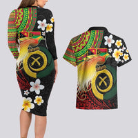Vanuatu and Papua New Guinea Together Couples Matching Long Sleeve Bodycon Dress and Hawaiian Shirt Bird-of-paradise and Pig Tusk Melanesian Pattern