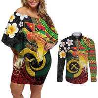 Vanuatu and Papua New Guinea Together Couples Matching Off Shoulder Short Dress and Long Sleeve Button Shirt Bird-of-paradise and Pig Tusk Melanesian Pattern