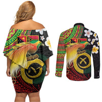 Vanuatu and Papua New Guinea Together Couples Matching Off Shoulder Short Dress and Long Sleeve Button Shirt Bird-of-paradise and Pig Tusk Melanesian Pattern