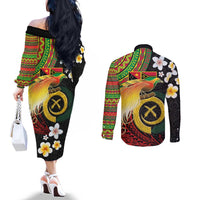Vanuatu and Papua New Guinea Together Couples Matching Off The Shoulder Long Sleeve Dress and Long Sleeve Button Shirt Bird-of-paradise and Pig Tusk Melanesian Pattern