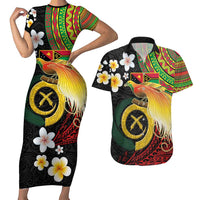 Vanuatu and Papua New Guinea Together Couples Matching Short Sleeve Bodycon Dress and Hawaiian Shirt Bird-of-paradise and Pig Tusk Melanesian Pattern