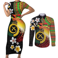 Vanuatu and Papua New Guinea Together Couples Matching Short Sleeve Bodycon Dress and Long Sleeve Button Shirt Bird-of-paradise and Pig Tusk Melanesian Pattern