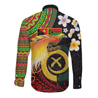 Vanuatu and Papua New Guinea Together Long Sleeve Button Shirt Bird-of-paradise and Pig Tusk Melanesian Pattern