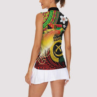 Vanuatu and Papua New Guinea Together Women Sleeveless Polo Shirt Bird-of-paradise and Pig Tusk Melanesian Pattern