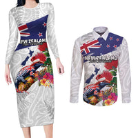 New Zealand Christmas Couples Matching Long Sleeve Bodycon Dress and Long Sleeve Button Shirt Meri Kirihimete-Tuatara and Pohutukawa White Color