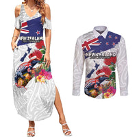 New Zealand Christmas Couples Matching Summer Maxi Dress and Long Sleeve Button Shirt Meri Kirihimete-Tuatara and Pohutukawa White Color