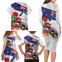 New Zealand Christmas Family Matching Long Sleeve Bodycon Dress and Hawaiian Shirt Meri Kirihimete-Tuatara and Pohutukawa White Color