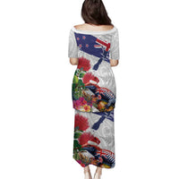 New Zealand Christmas Family Matching Puletasi and Hawaiian Shirt Meri Kirihimete-Tuatara and Pohutukawa White Color