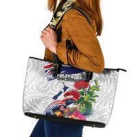 New Zealand Christmas Leather Tote Bag Meri Kirihimete-Tuatara and Pohutukawa White Color