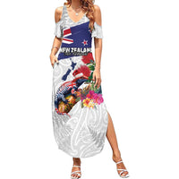 New Zealand Christmas Summer Maxi Dress Meri Kirihimete-Tuatara and Pohutukawa White Color