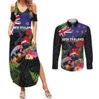 New Zealand Christmas Couples Matching Summer Maxi Dress and Long Sleeve Button Shirt Meri Kirihimete-Tuatara and Pohutukawa Black Color