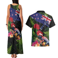 New Zealand Christmas Couples Matching Tank Maxi Dress and Hawaiian Shirt Meri Kirihimete-Tuatara and Pohutukawa Black Color
