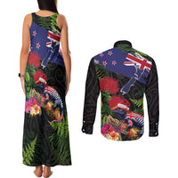 New Zealand Christmas Couples Matching Tank Maxi Dress and Long Sleeve Button Shirt Meri Kirihimete-Tuatara and Pohutukawa Black Color