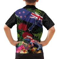 New Zealand Christmas Family Matching Off Shoulder Maxi Dress and Hawaiian Shirt Meri Kirihimete-Tuatara and Pohutukawa Black Color