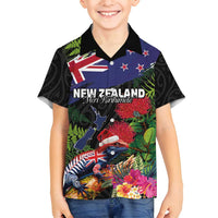 New Zealand Christmas Family Matching Off Shoulder Maxi Dress and Hawaiian Shirt Meri Kirihimete-Tuatara and Pohutukawa Black Color