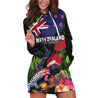 New Zealand Christmas Hoodie Dress Meri Kirihimete-Tuatara and Pohutukawa Black Color