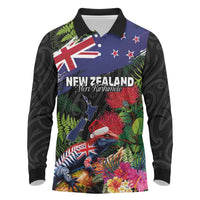 New Zealand Christmas Long Sleeve Polo Shirt Meri Kirihimete-Tuatara and Pohutukawa Black Color