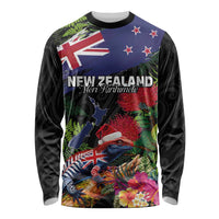 New Zealand Christmas Long Sleeve Shirt Meri Kirihimete-Tuatara and Pohutukawa Black Color
