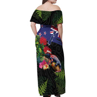 New Zealand Christmas Off Shoulder Maxi Dress Meri Kirihimete-Tuatara and Pohutukawa Black Color