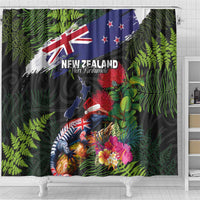 New Zealand Christmas Shower Curtain Meri Kirihimete-Tuatara and Pohutukawa Black Color