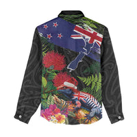 New Zealand Christmas Women Casual Shirt Meri Kirihimete-Tuatara and Pohutukawa Black Color