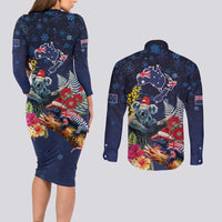Australia and New Zealand Couples Matching Long Sleeve Bodycon Dress and Long Sleeve Button Shirt Merry Christmas-Tuatara and Koala with Plants Xmas Style