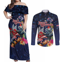 Australia and New Zealand Couples Matching Off Shoulder Maxi Dress and Long Sleeve Button Shirt Merry Christmas-Tuatara and Koala with Plants Xmas Style