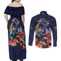 Australia and New Zealand Couples Matching Off Shoulder Maxi Dress and Long Sleeve Button Shirt Merry Christmas-Tuatara and Koala with Plants Xmas Style